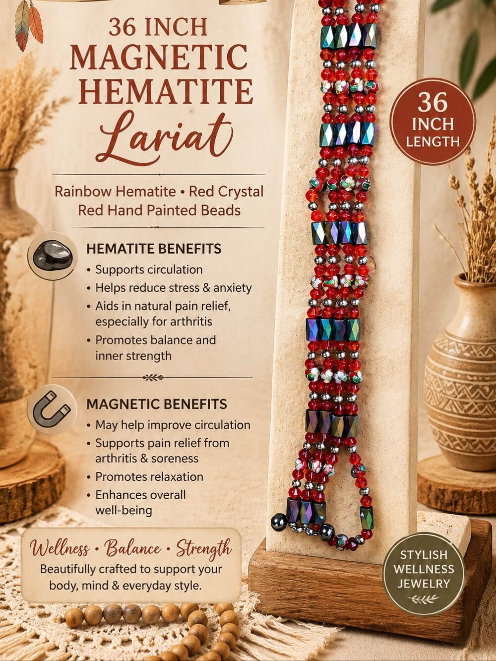 36" Red Hematite Magnetic Lariat Necklace